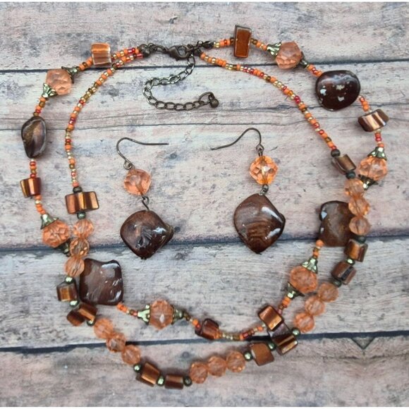 Artisan Made Peach & Brown Beaded Necklace & Dangle Earrings Set Dyed Abalone - Picture 9 of 9